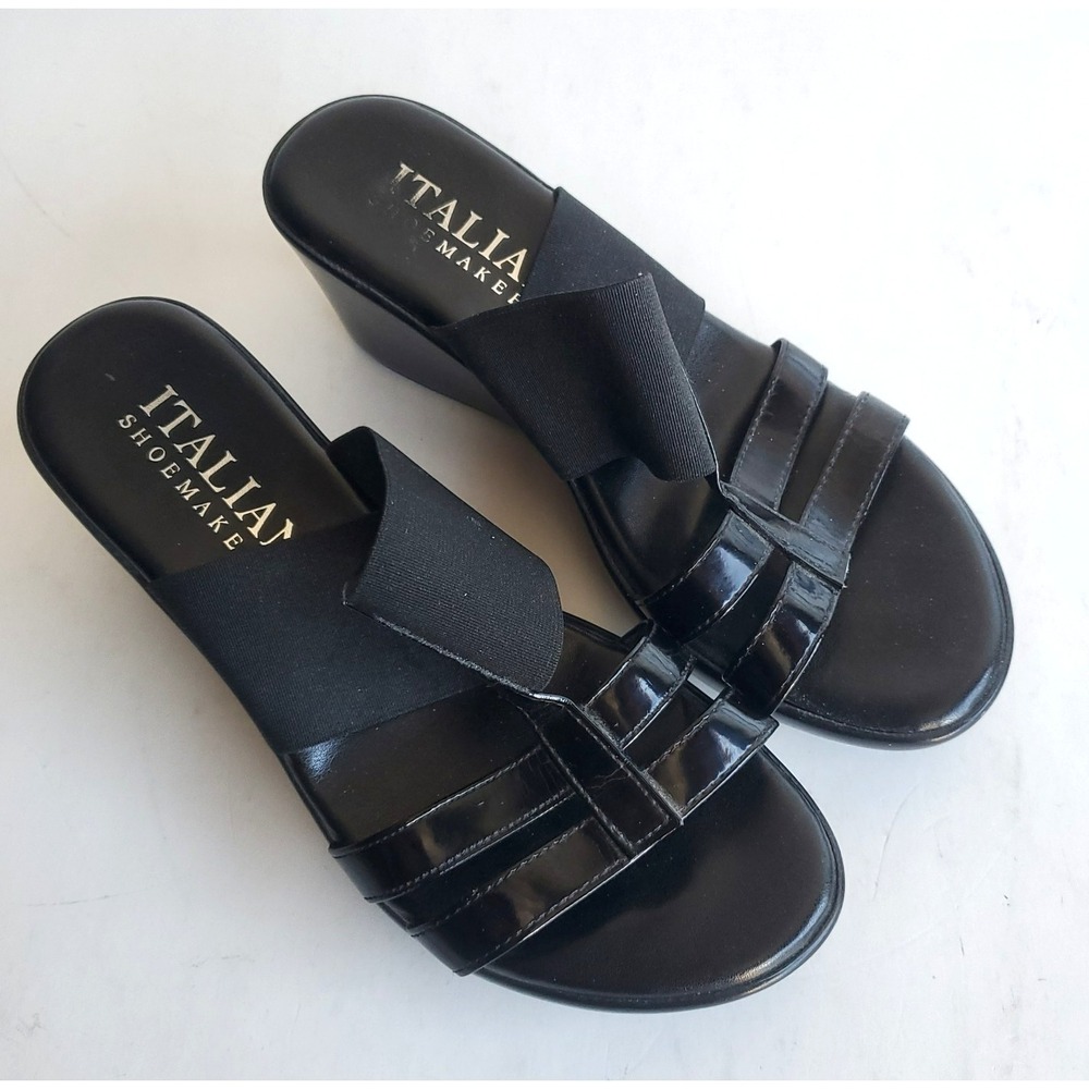 Italian Shoemakers Woman Black Wedge Heel Thong Sandals Size 7.5